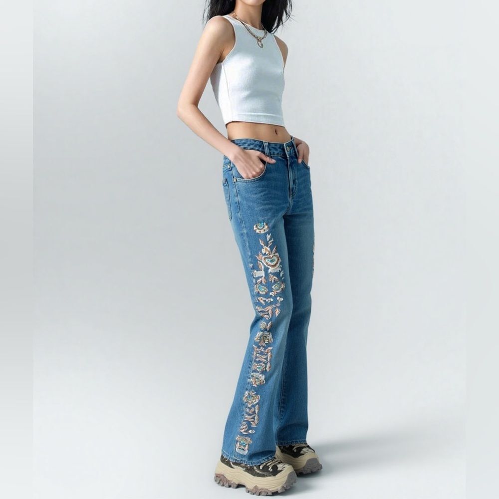 Vintage Y2K Low Rise Flare Jeans Embellished Beaded Embroidered Fairy Boho 27 - Picture 2 of 16